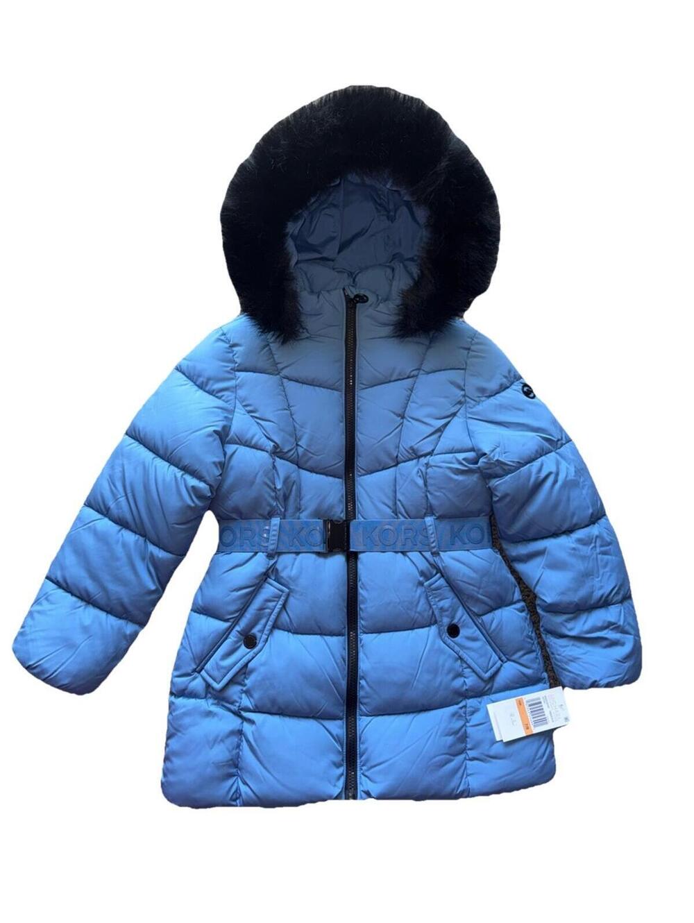 Michael Kors Girls Blue Puffer Jacket Faux Fur Hood Belted Winter Coat Size 7/8